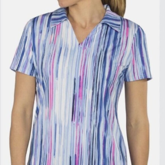 Jofit Golf Top Women Size Large V-neck Collared Athletic Polo Shirt Blue Pink - Picture 1 of 8